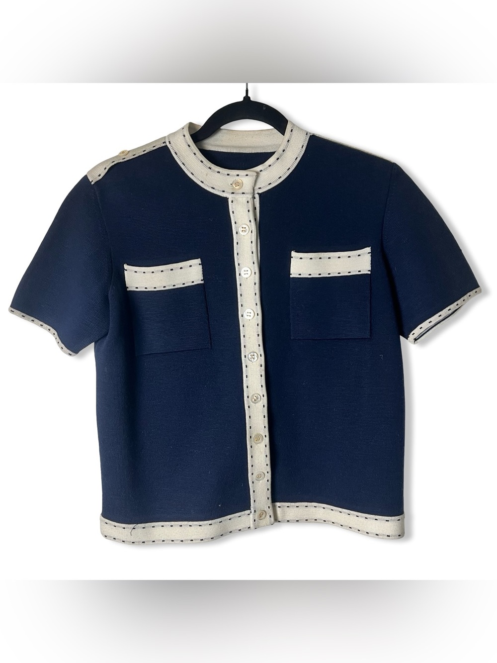 Tgif Vintage 70s Navy Cream Trim Knit Shell Top Gold Buttons Sz 13/14 Preppy